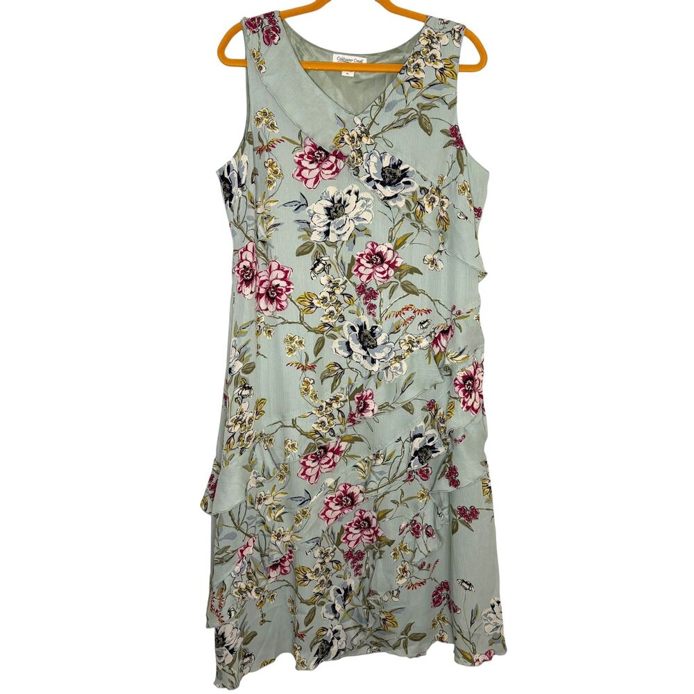 Coldwater Creek Midi Dress Bias Ruffle Chiffon Floral Green PL Petite L